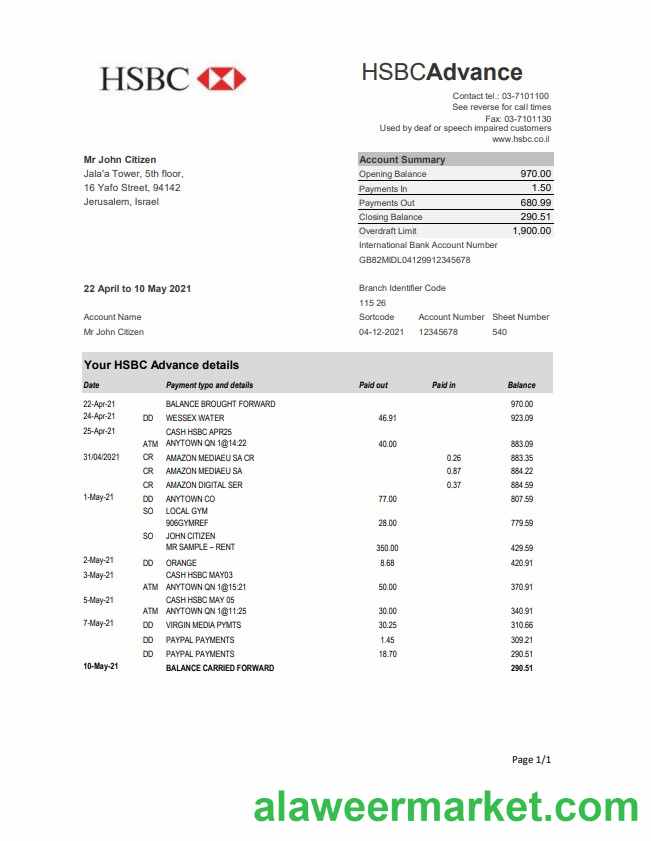 Israel HSBC bank statement easy to fill template in Excel and PDF format